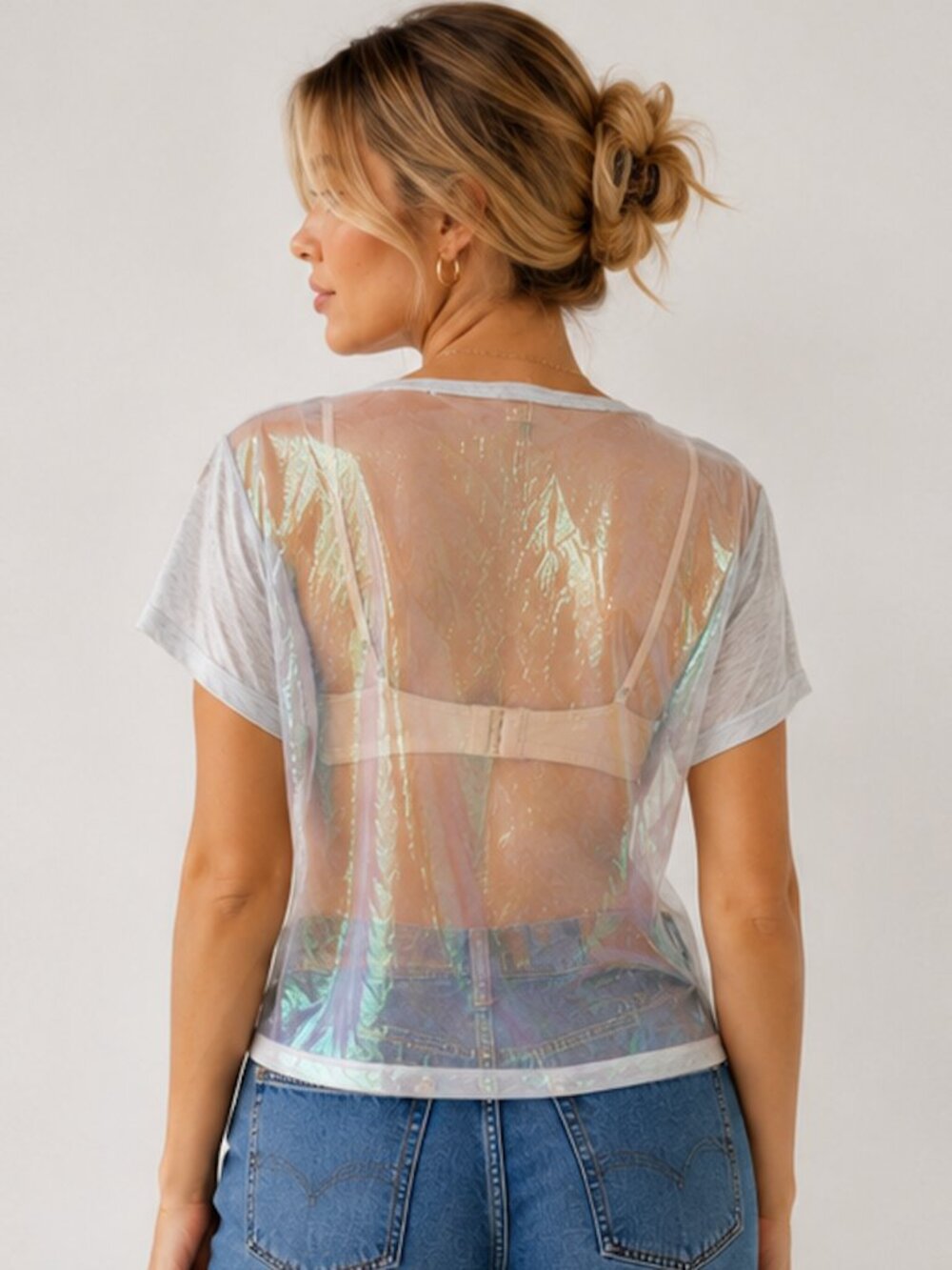 NWT Minkpink Gray Top Sheer Litmus Back with Trim Small Cropped Casual